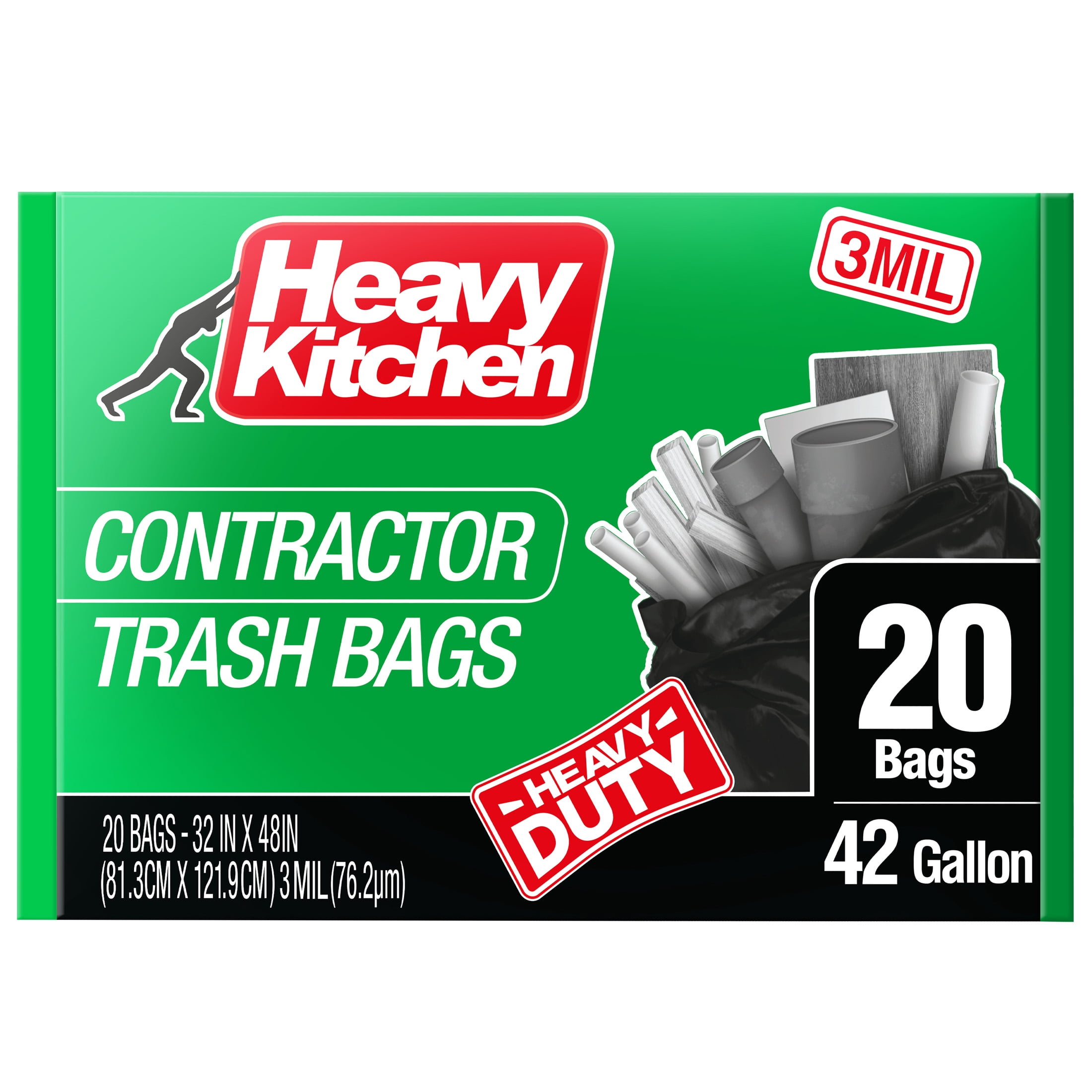 Heavy Kitchen 42 Gallon Black Contractor Trash Bag, 20 Bags