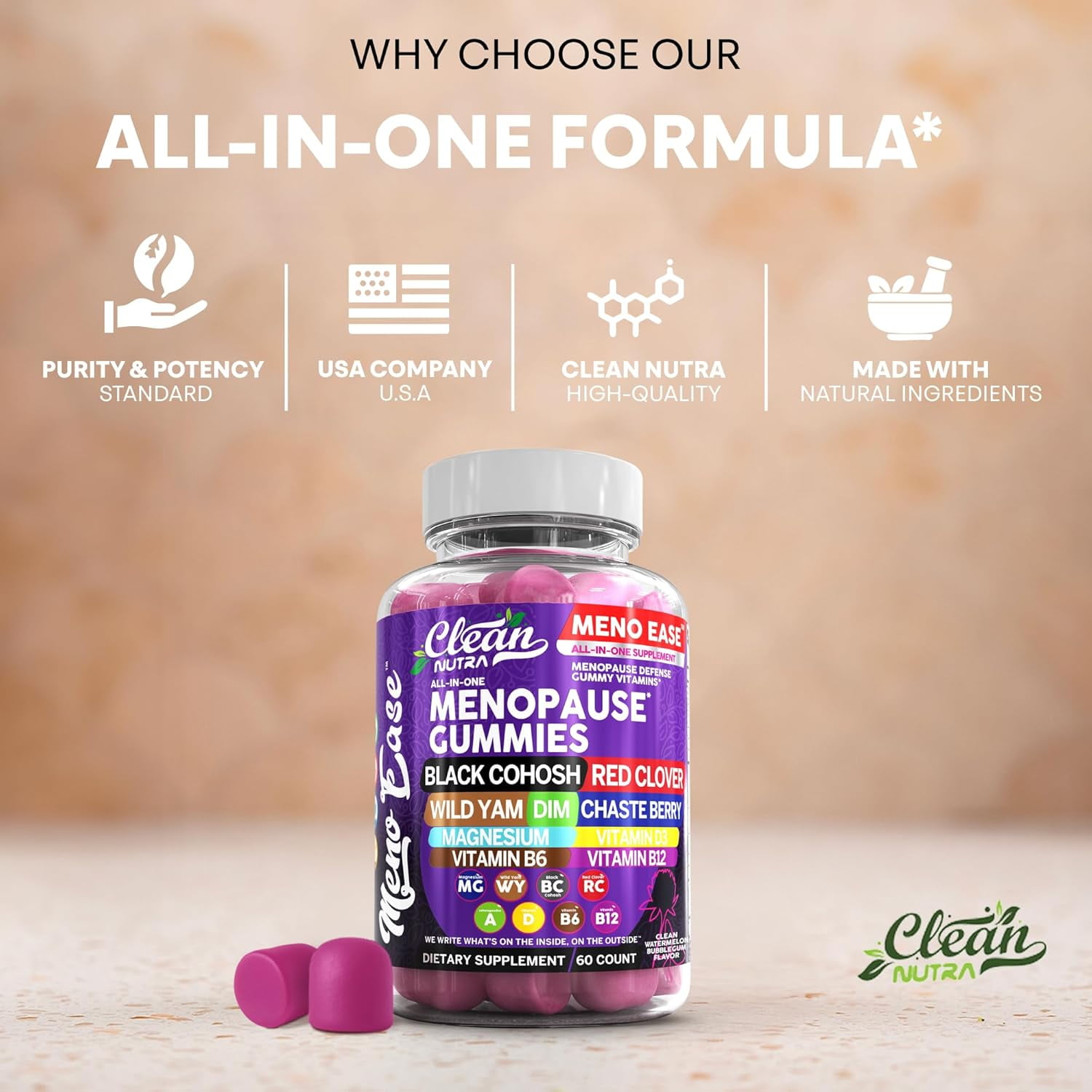 Clean Nutra Menopause Supplements for Women Chastberry Wild Yam Gummies Inositol Black Cohosh Magnesium Red Clover DIM Supplement B6 Magnesium Glycinate Glycine Vitex Hormone Balance Gummy Vitamins