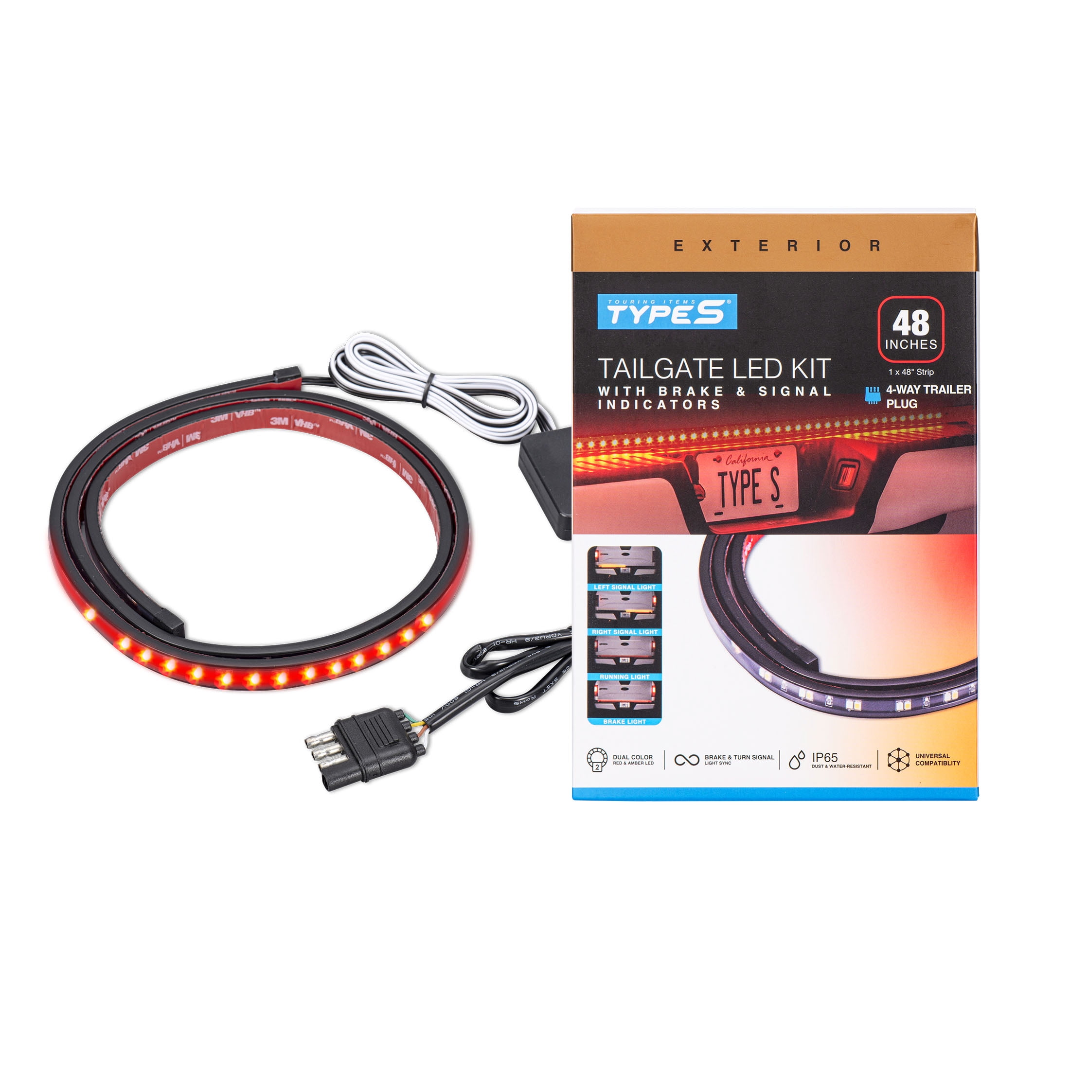 (2 pack) TYPE S - Tailgate LED Strip - 4-Pin Trailer Plug, Red Brake and Running Lights, Amber Turn Signal Indicators, IP65, 3M Adhesive, 1 x 48" Strip, 48 inches