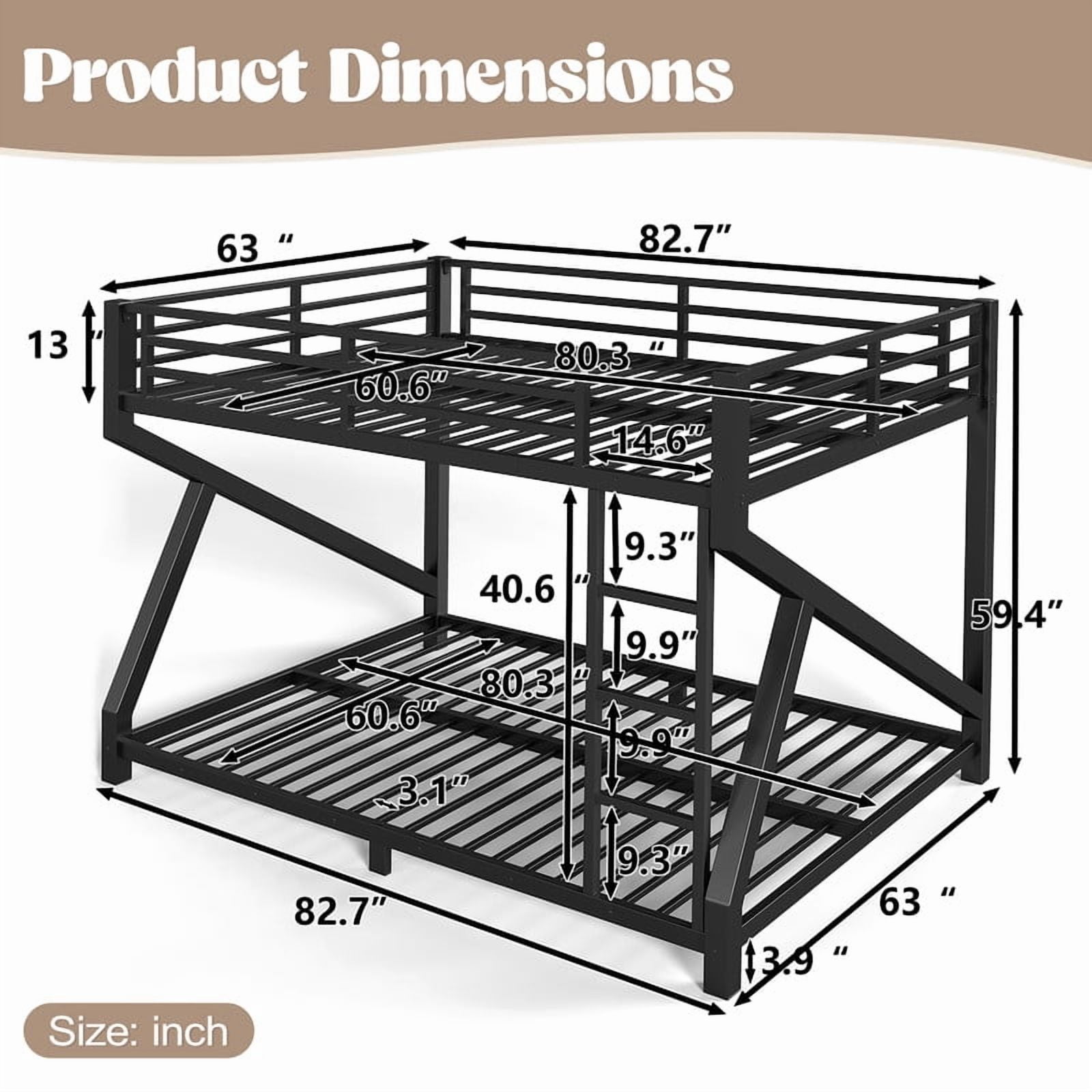 59''H Low Profile Queen-Over-Queen Teens Bunk Bed with Built-In Ladder, Kids Black Metal Bed Frame with Guardrail