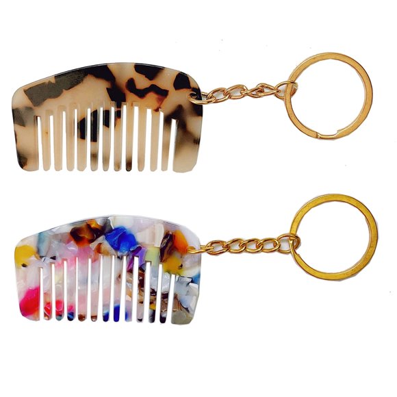 Mini llaveros de peine de acetato para mujer, colgante de moda, peine de bolsillo portátil antiestático con llavero para mujer, 2 colores, 2 uds.