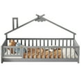 thumbnail image 6 of Twin Size House-Shaped Bedside Floor Bed, Wooden House Floor Bed Frame with Guardrails and Slats, Twin Bed with Door, Grey, 6 of 9