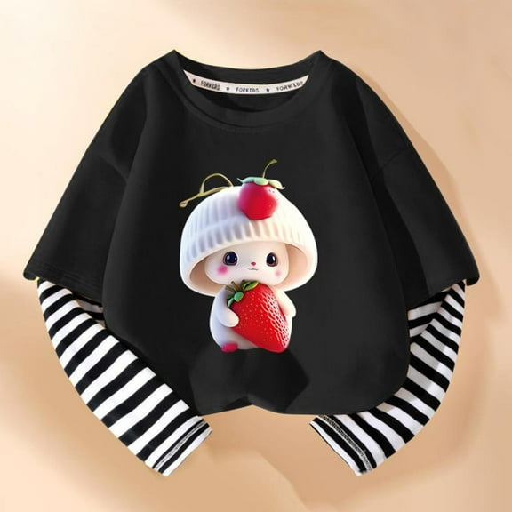 SGFCWSX Long Sleeve Shirts for Kids Girls Striped Animals Print Tops Fall Casual T-Shirts Black Size 7 Years