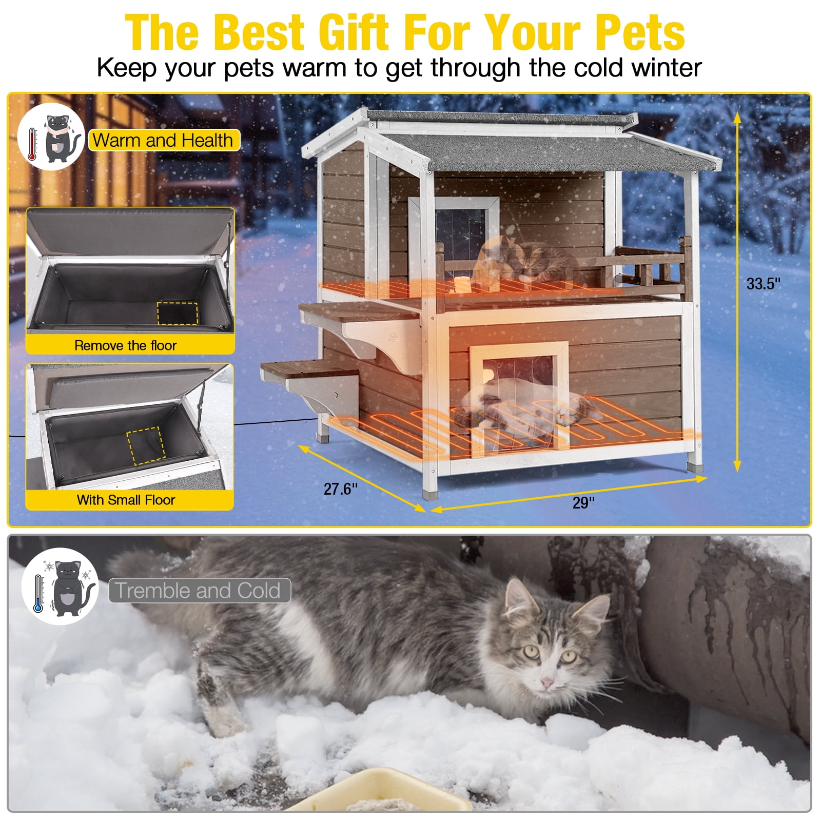 Aivituvin Heated Outdoor Cat House for Outside Insulated Feral Cat Shelter Weatherproof with Heated and Insulated Liner 2 Story, Brown