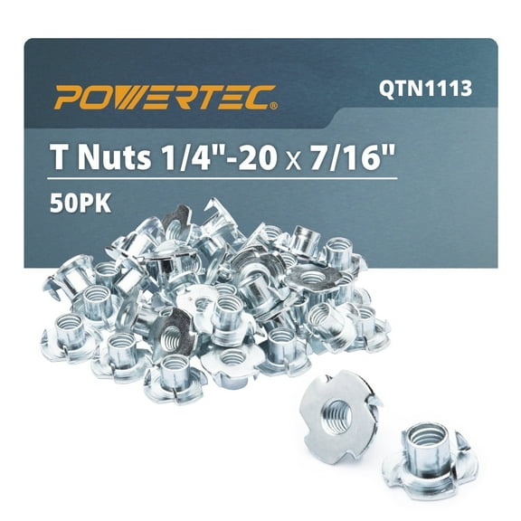 POWERTEC 50PK 1/4"-20 T Nuts, 4 Pronged Tee Nuts for Bolts and Stem Caster Wheels, Threaded Inserts for Wood Working, Rock Climbing Holds and Furniture, for Use with Hammer | 7/16" Length (QTN1113)