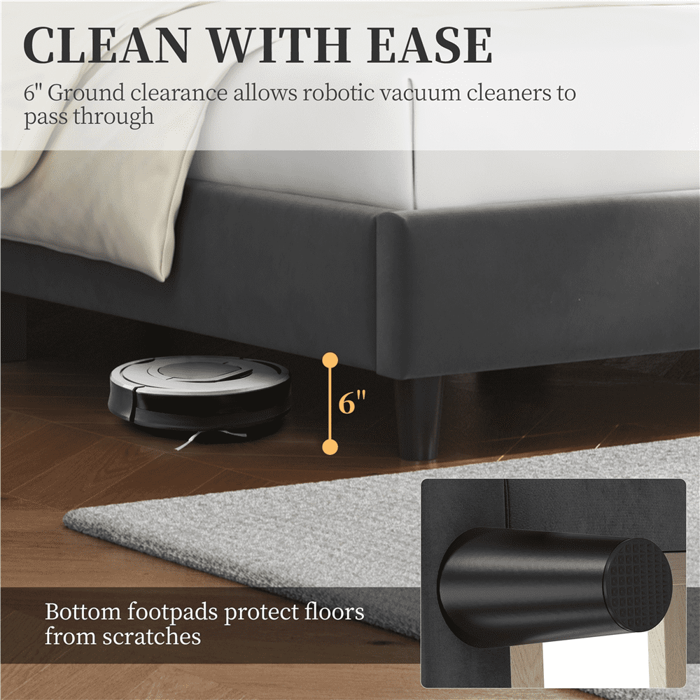 Renwick Queen Size Upholstered Platform Bed with Slat Support, Dark Gray