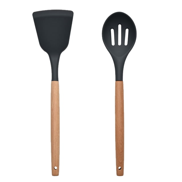 Juego de utensilios de silicona antiadherente de 2 piezas con mangos de madera redondeados para cocinar y hornear
