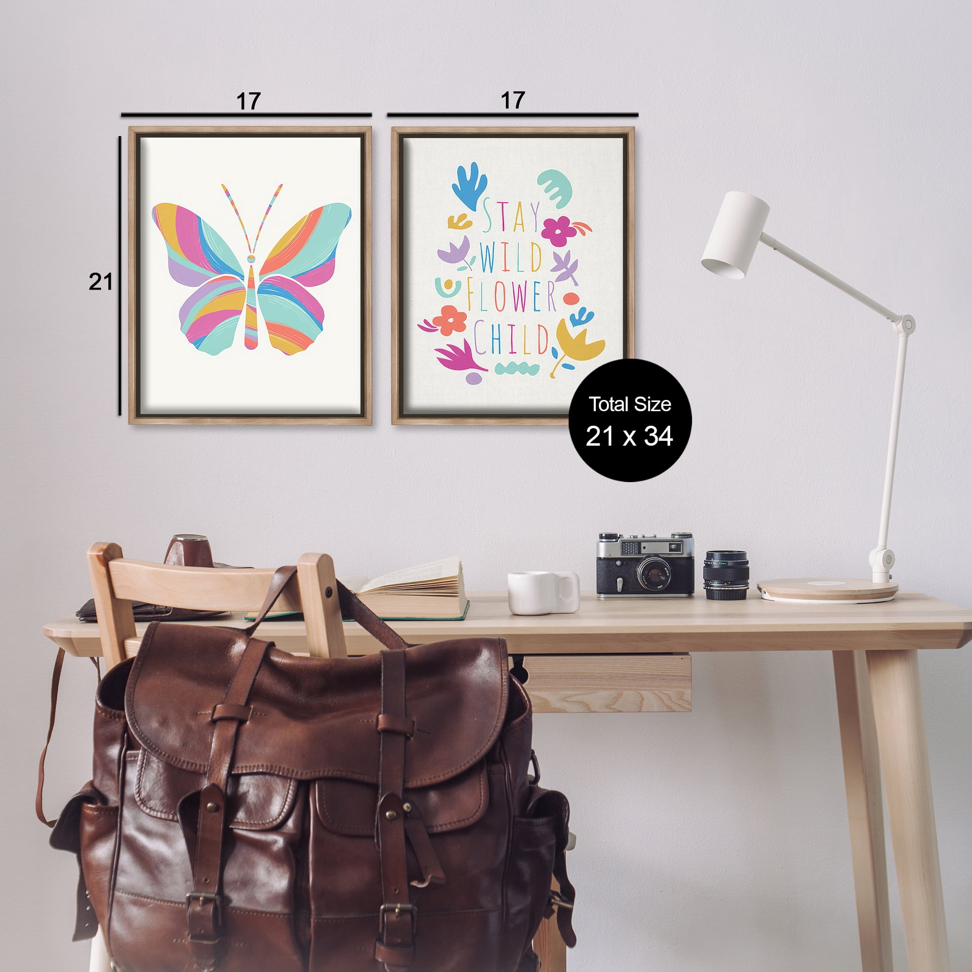 Stupell Industries Stay Wild Butterfly Text & Numbers Painting Brown Floater Framed Canvas Art Print Wall Art, 17 x 21, Set of 2