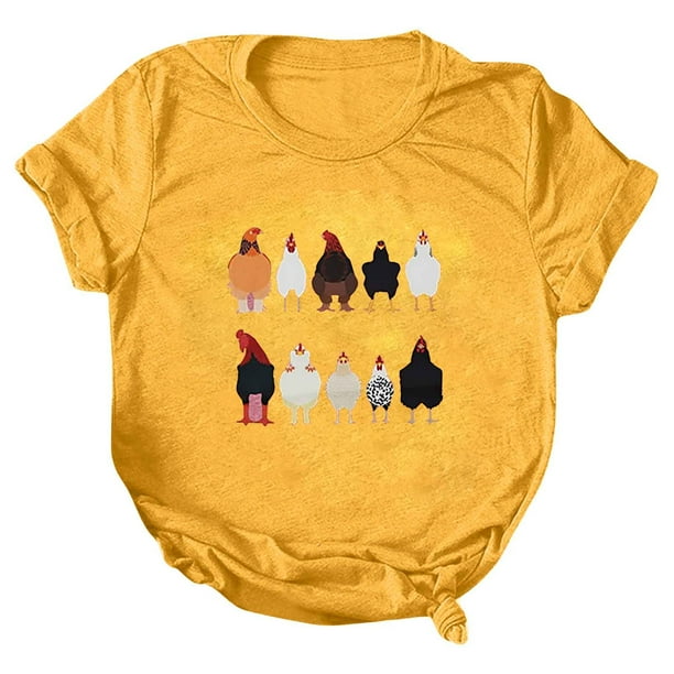 Gibobby Blusa de Trabajo de Manga Corta Mujeres Casual Impresión Manga Corta Cuello Redondo Camiseta Suelta Blusa Tops(Amarillo,G)