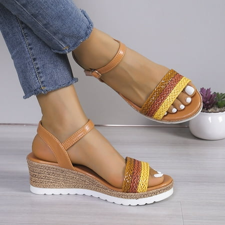 WZJuhiie Women s Summer Fashion Open Toe Thick Bottom Slope Heel One Buckle Sandals Casual Comfortable Outdoor Sandals