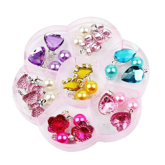 Princess Clip on Earrings Set with 7 Pairs Earrings and Pads in Pink Box