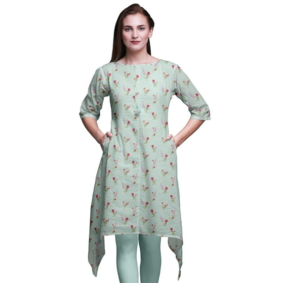 Bimba Green Clover Leaves Floral Asymmetric Kurta Indian Tunic Tops For Women Printed Indian Clothing XX-Large