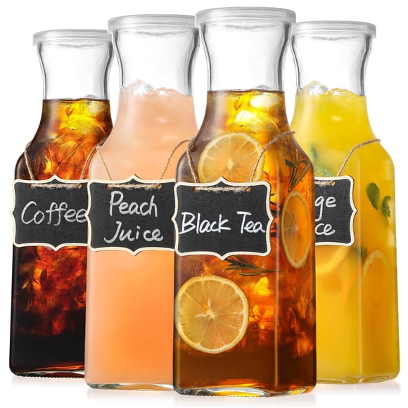 Set of 4 Square Glass Carafe with Lid, 1 Liter Clear Glass Pitcher, Beverage Serveware Carafe for Mimosa Bar, Brunch, Cold Water, Juice, Milk, Iced T