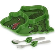 KidsFunwares T-Rex Dinosaur Me Time Meal Set, Portion Control Divided Plate with Fork and Spoon for Kids