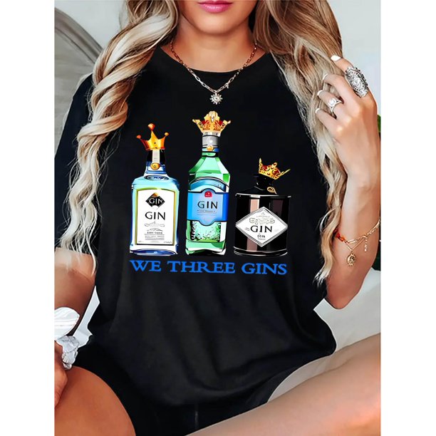 Camiseta básica para mujer verano SuaveWomen's "WE THREE GINS" Graphic Tee - Casual & Sporty Round Neck Short Sleeve, Lightweight Polyester Blend, Machine Washable Summer Top in White with Stretch F