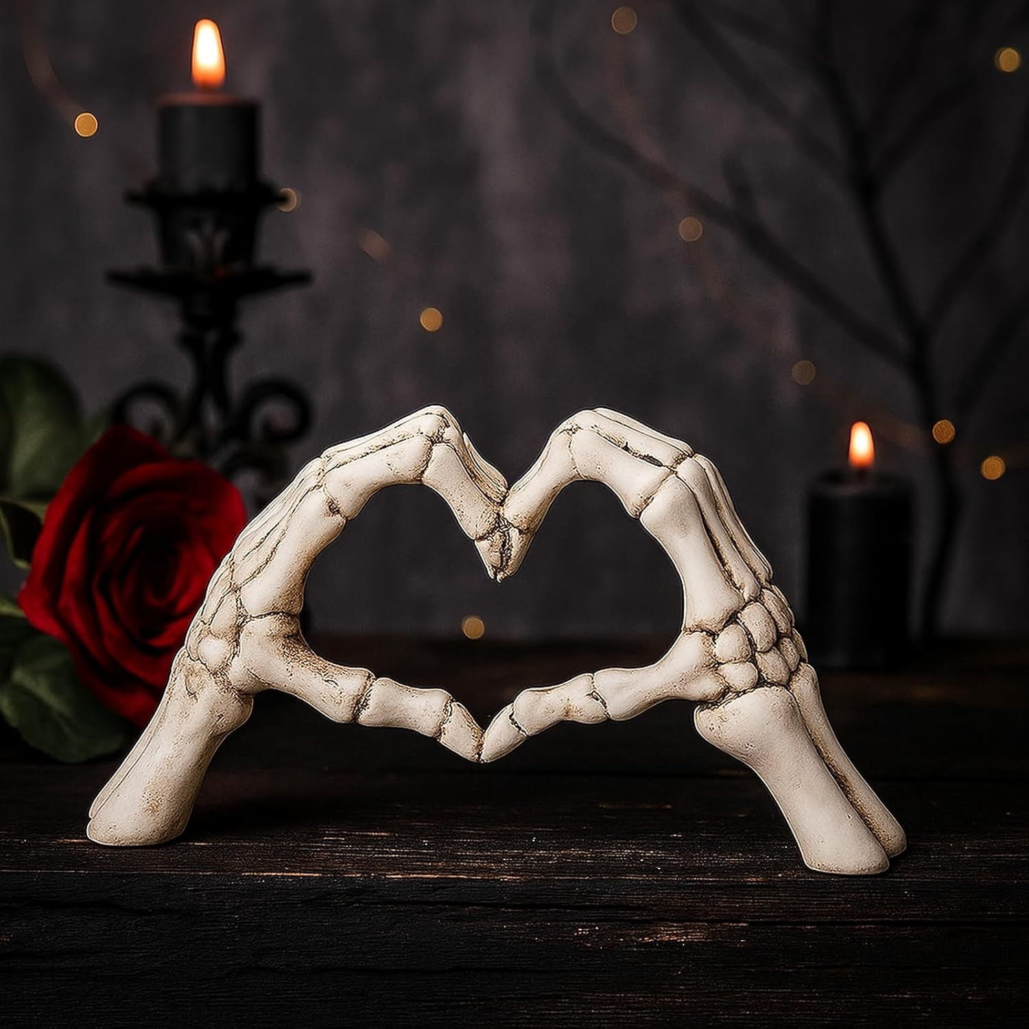 Skeleton Heart Hand Sculpture 6.3 Inch Gothic Resin Figurine for Dark Romance