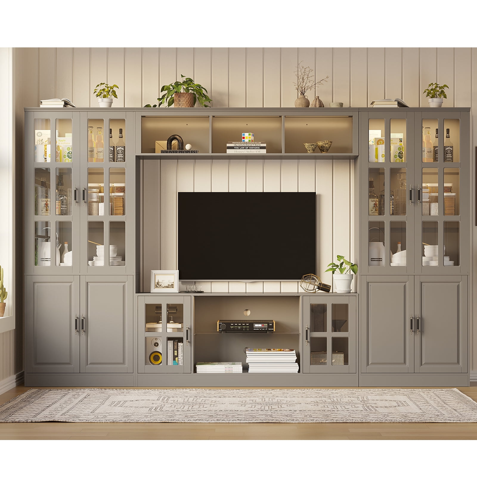 MEISSALIVVE 4-Piece Wall Unit TV Stand with Storage & LED Lights for TVs up to 75", Modern Entertainment Center with Bookshelves & 4-Door Pantry Cabinet, Gray