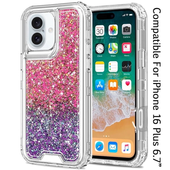 For iPhone 16 Plus 6.7 inch Epoxy Sticker Glitter 3in1 Shockproof Transparent Hybrid Case - Hot Pink Purple