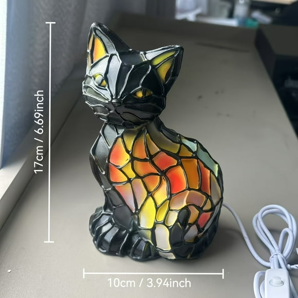 Hand-Painted-Style Stained--Effect Cat Night Light - USB- Resin Figurine with Rainbow Glow, Low-Voltage Multicolor for Bedside, Shelf & Holiday Decor