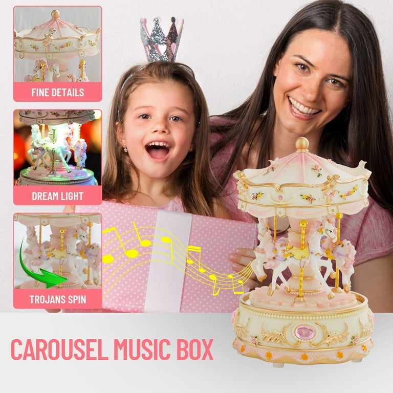 LOVE FOR YOU music box carousel unicorn, pink and white resin, LED