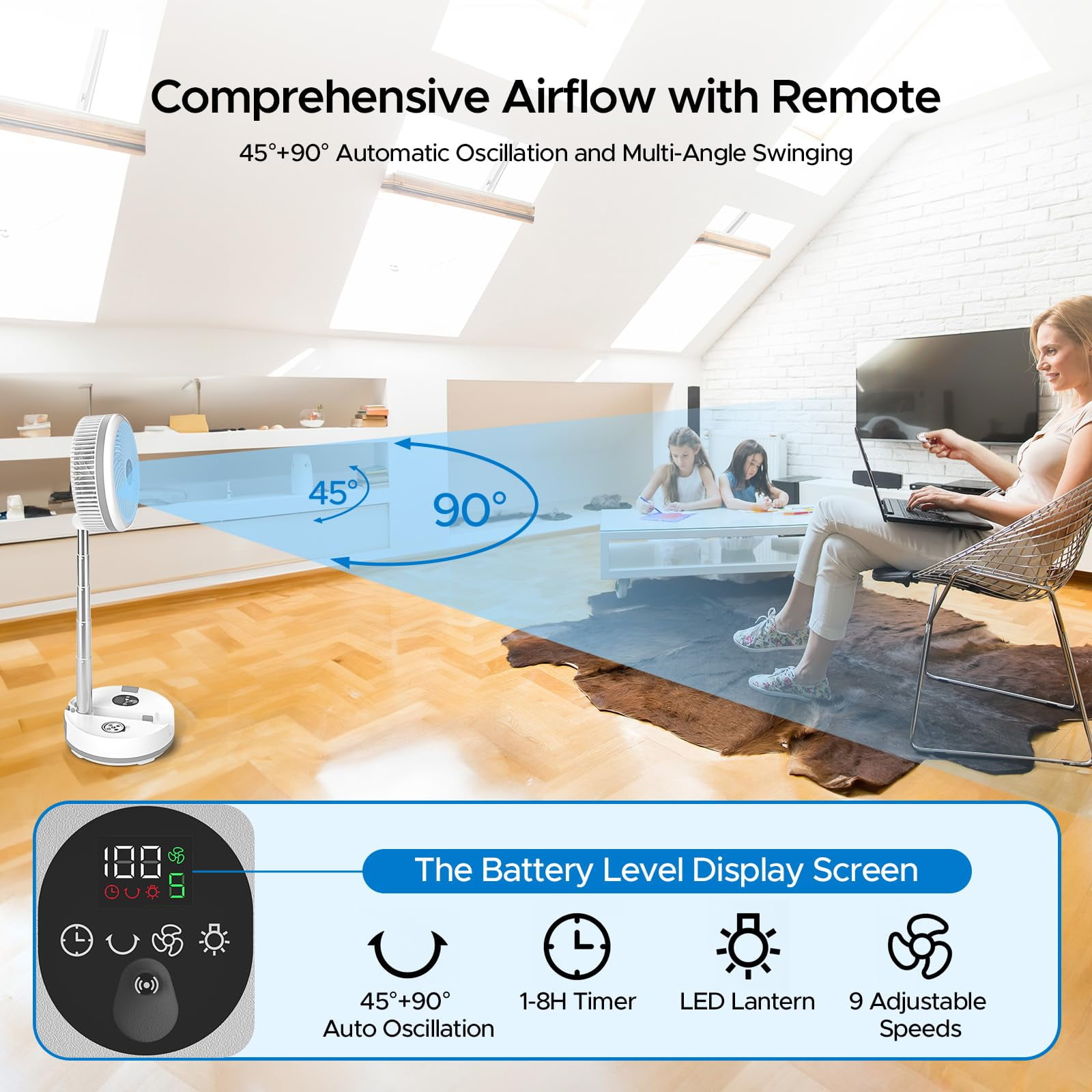 Oscillating Standing Fan, 40000mAh Rechargeable Battery Operated Fan with Remote/Timer, Portable RGB Lighting Fan, Pedestal Floor Fan for Bedroom Party Camping