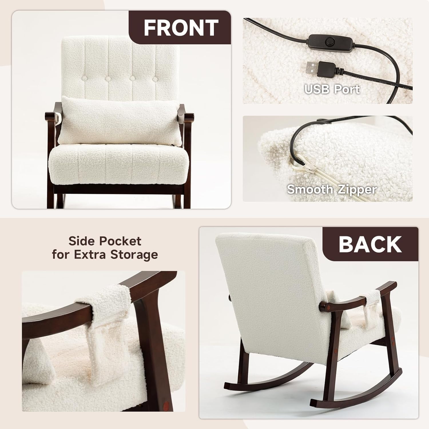 Upholstered Rocking Chair with Massage Lumbar Support,Page 2 Glider Chair with Side Pocket, Nursery Rocker with High Backrest,Rubber Wood Legs, Rocking Accent Armchair for Living Room Bedroom Nursery