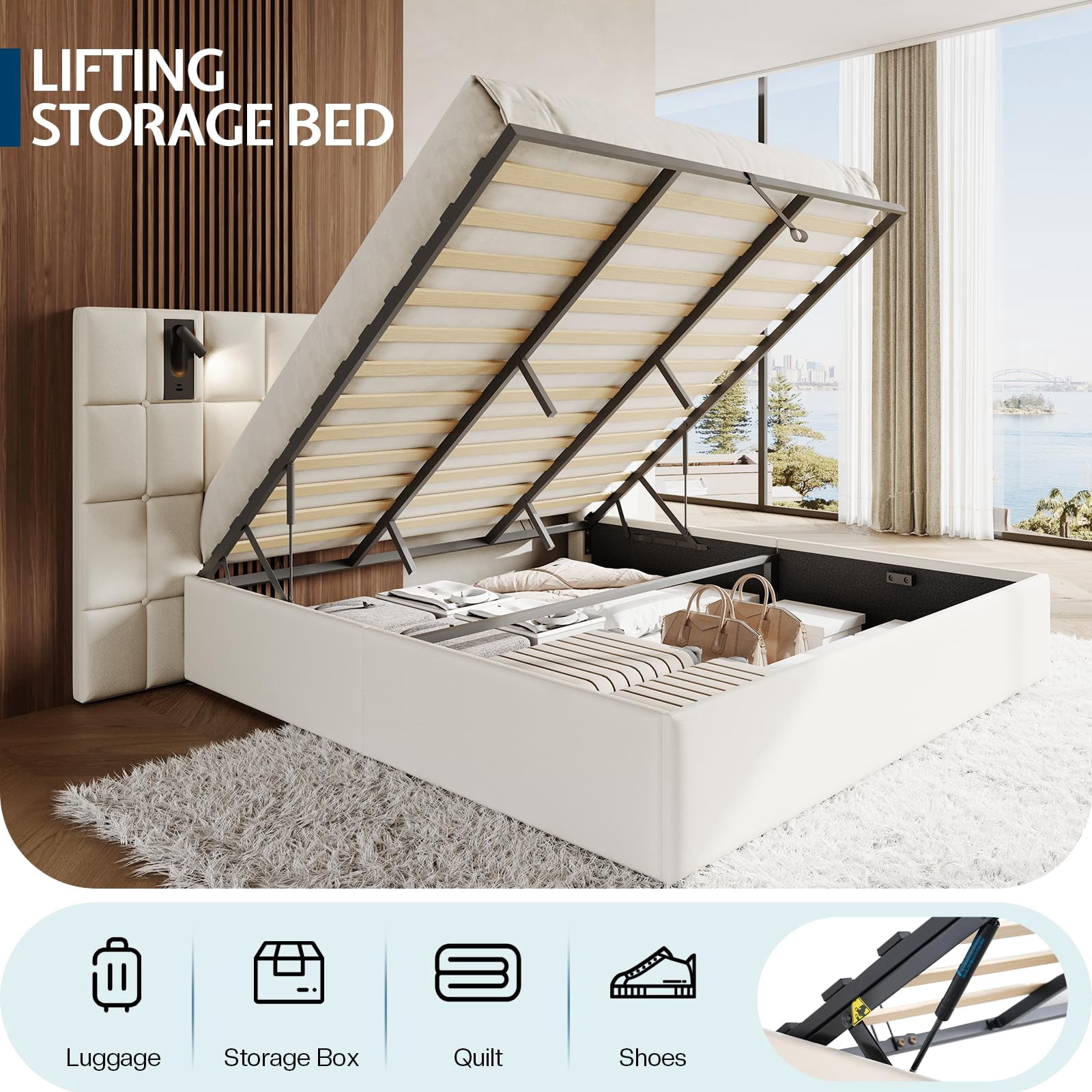 Merluxy King Size Upholstered Bed Frame with Widened Headboard,Lift-Up Storage Bed and Built-In Reading Light, Velvet Platform Frame,Cream
