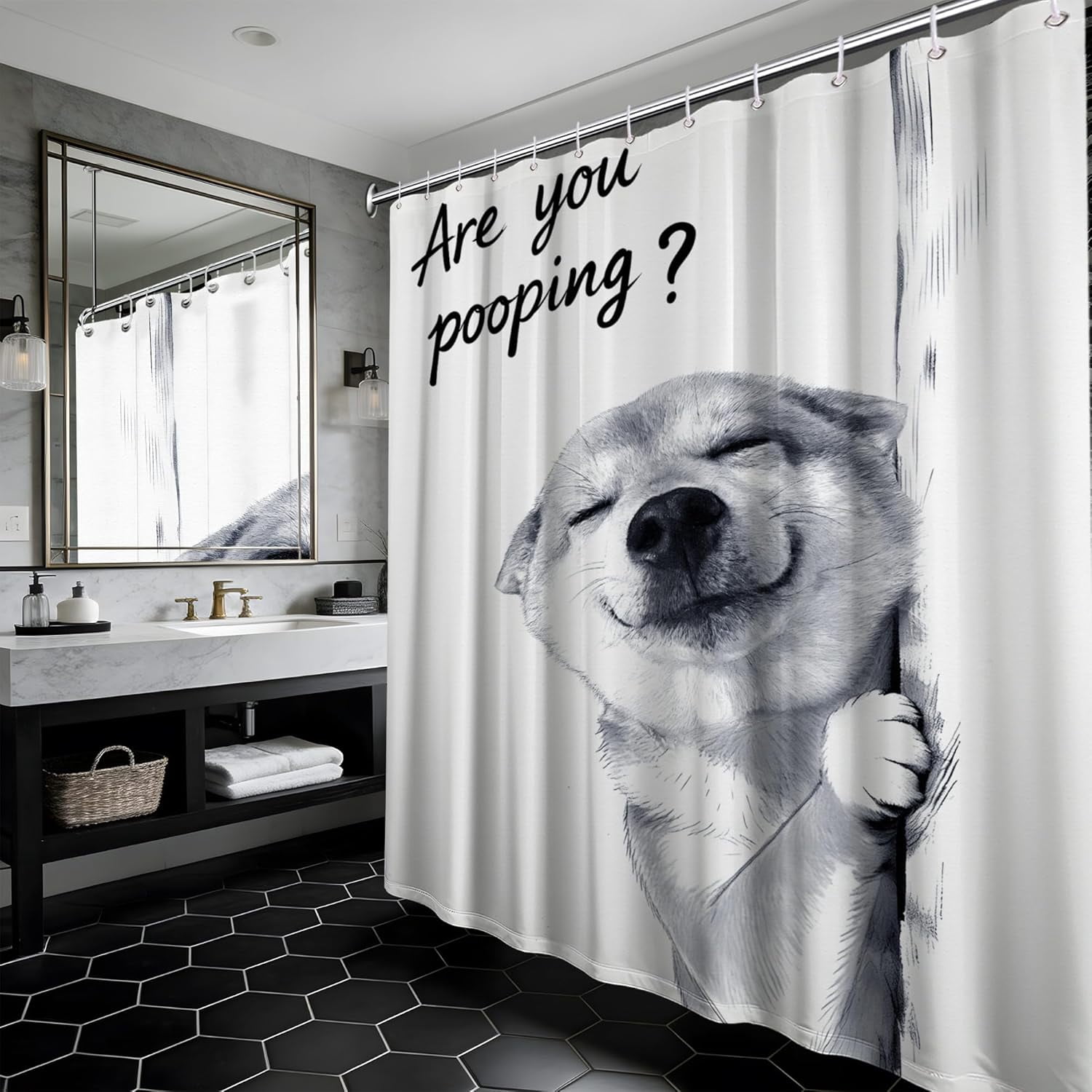 Funny Dog Shower Curtain Cool Shiba Inu Boys Silly Crazy Shower Curtains for Bathroom Decor Sets, Waterproof Cloth Fabric with Hooks, 36 x 72 Inch