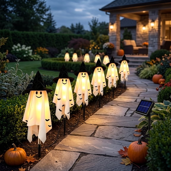 6 Pack Solar Witch Ghost Stake Lights Outdoor Waterproof Smiling Ghost with Witch Hat for Halloween Yard Garden Porch Fall Decor Auto Dusk to Dawn