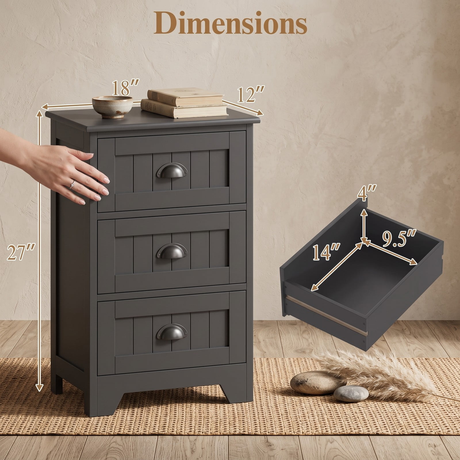 Furnibear 3 Drawer Nightstand with Cup Pull Handles, Farmhouse Bedside Table and Storage Cabinet for Bedroom and Living Room, Black