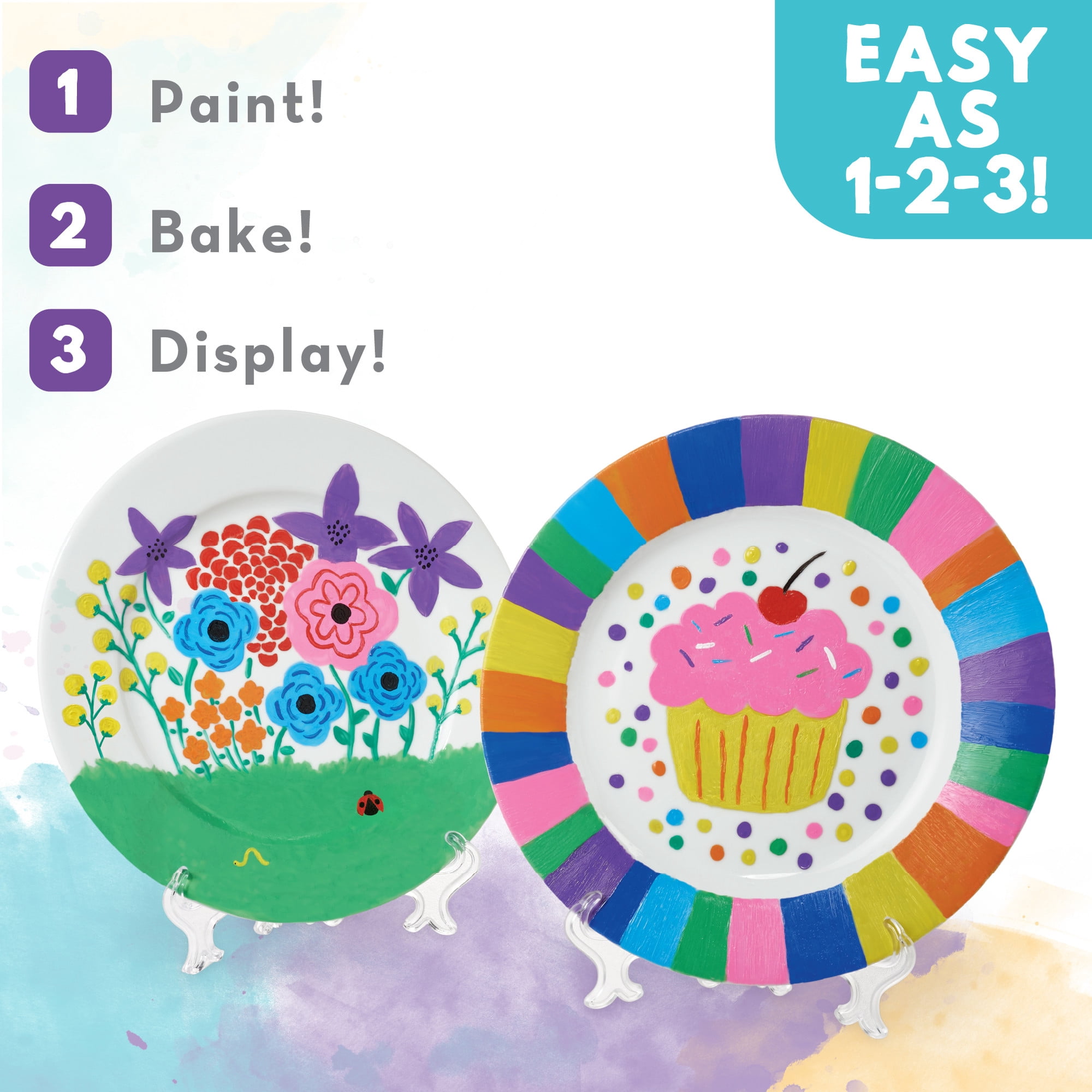 MindWare Creative Art Paint Your Own Porcelain Plates Kit with 2 Plates, 12 Paints, 2 Brushes, and 2 Stands