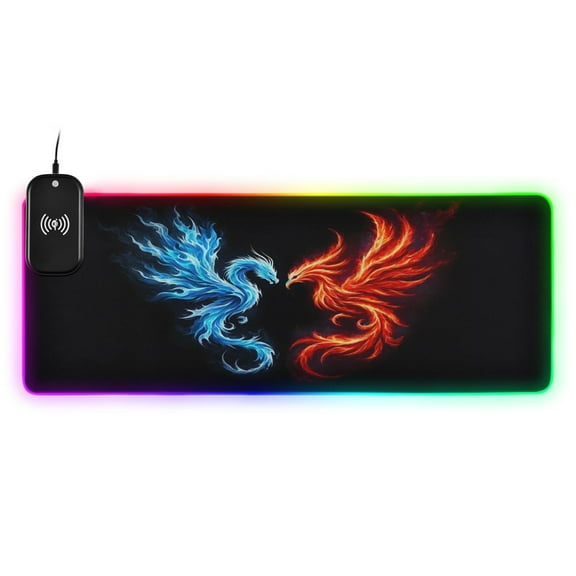 Wireless Charging Mouse Pad Large RGB Gaming Desk Mat 13 Light Modes Mousepad 31.5x11.8 Dragon and Phoenix