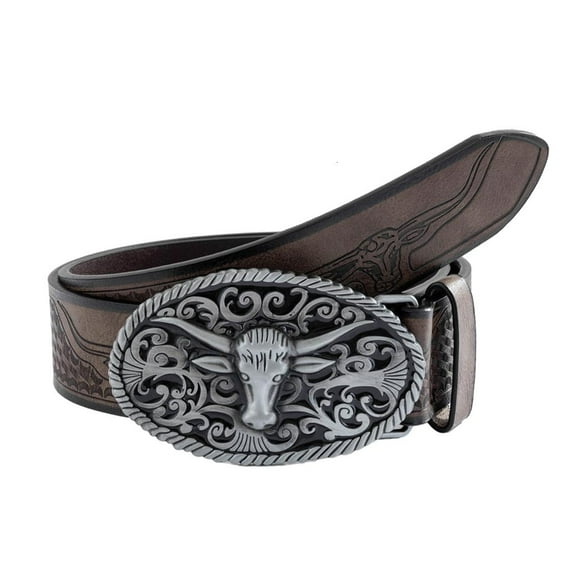 Wear-Resistant Adult Belt with Relief Bull Head Buckle Male Coat Jeans Waistband