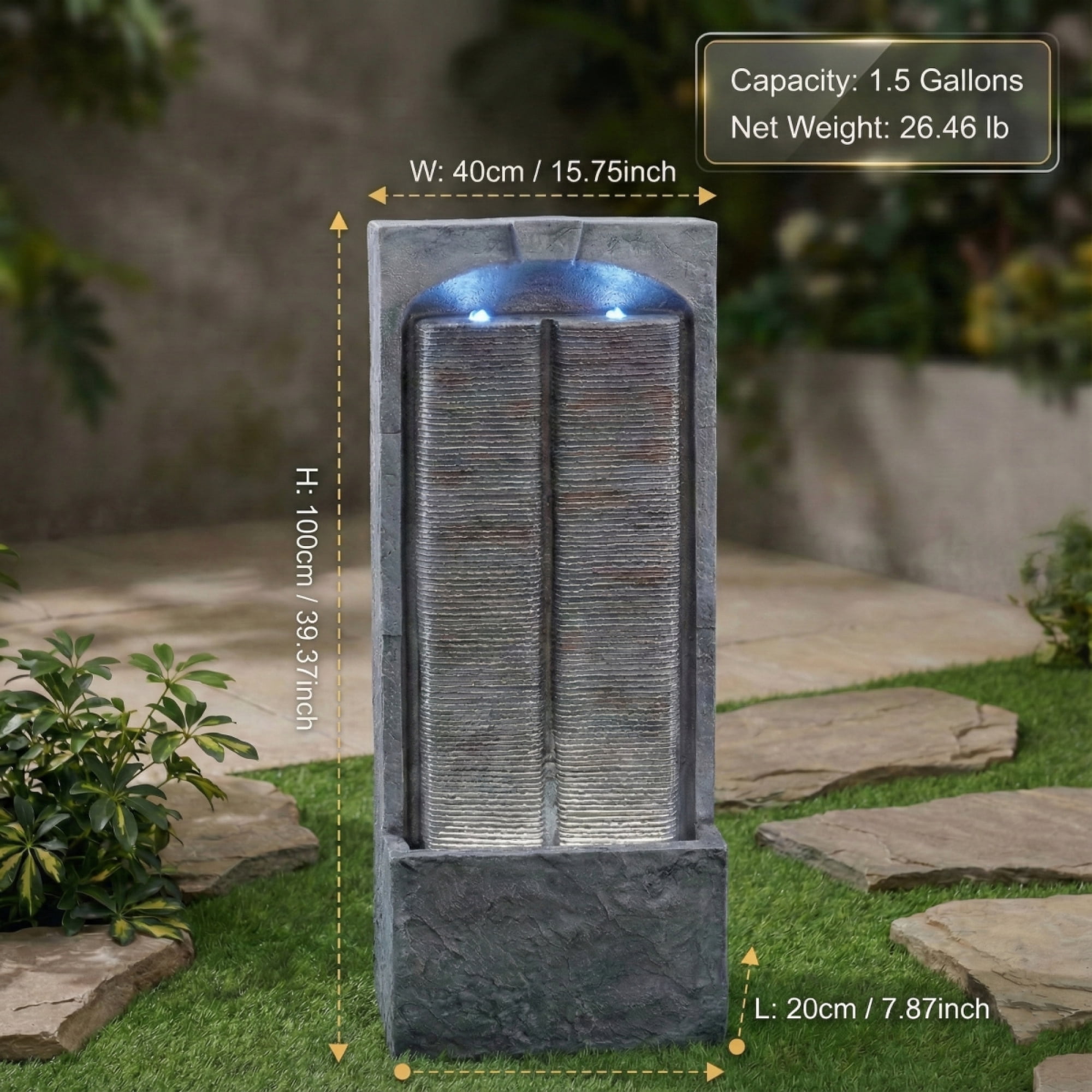 Outdoor Water Fountain Cascading LED Lights 39" H, Resin Fiberglass with Quiet Pump, Freestanding Water Feature for Garden Patio Porch Lawn Backyard Indoor Outdoor Decor