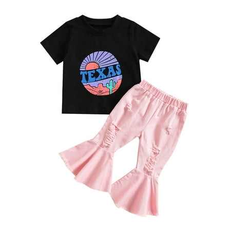 

Suanret Toddler Baby Girls 2Pcs Clothes Outfits Short Sleeve Letter Printed T-Shirt + Ripped Hole Flare Pants Set Black 2-3 Years