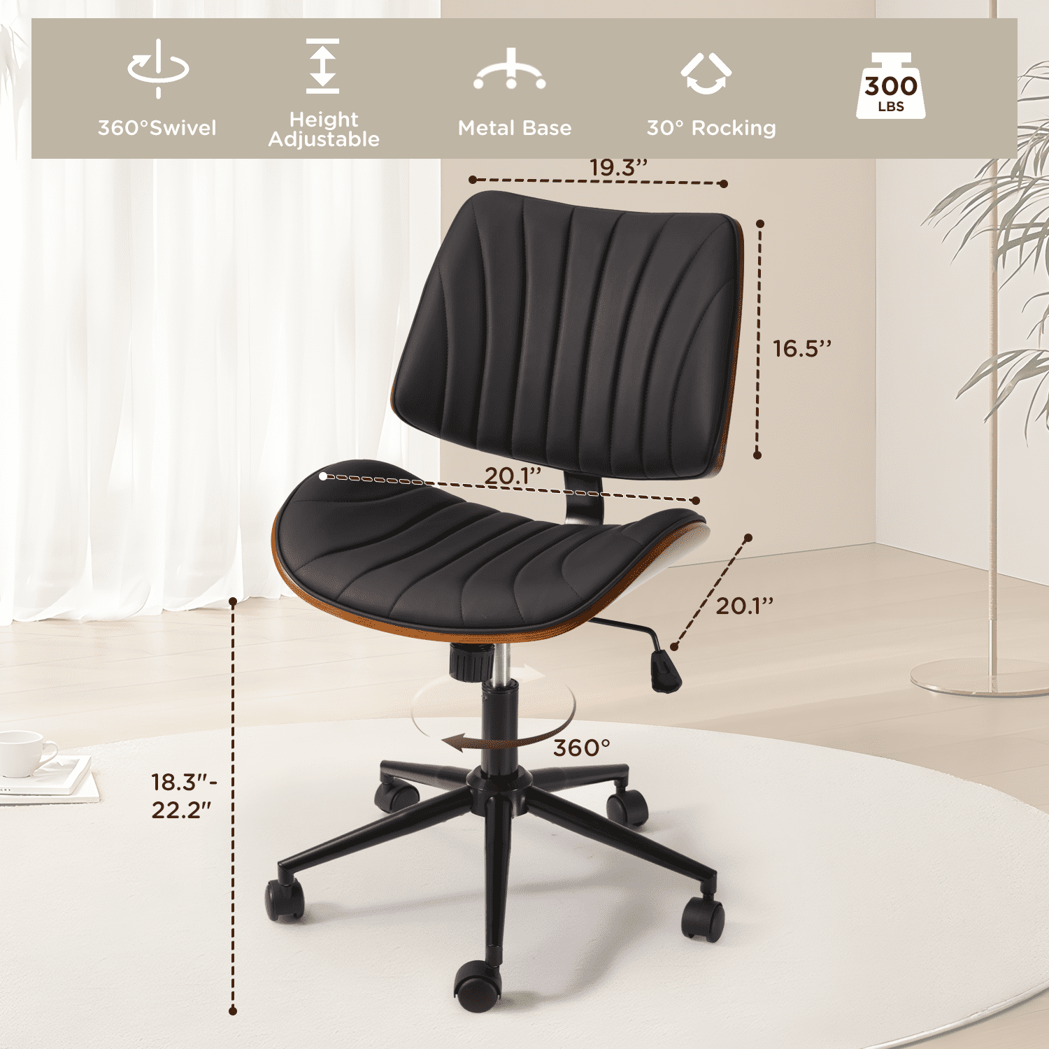 Erinnyees Wooden Office Desk Chair, Modern Armless Chairs, Armless, Adjustable Height, with Swivel Wheels for Small Spaces, Black