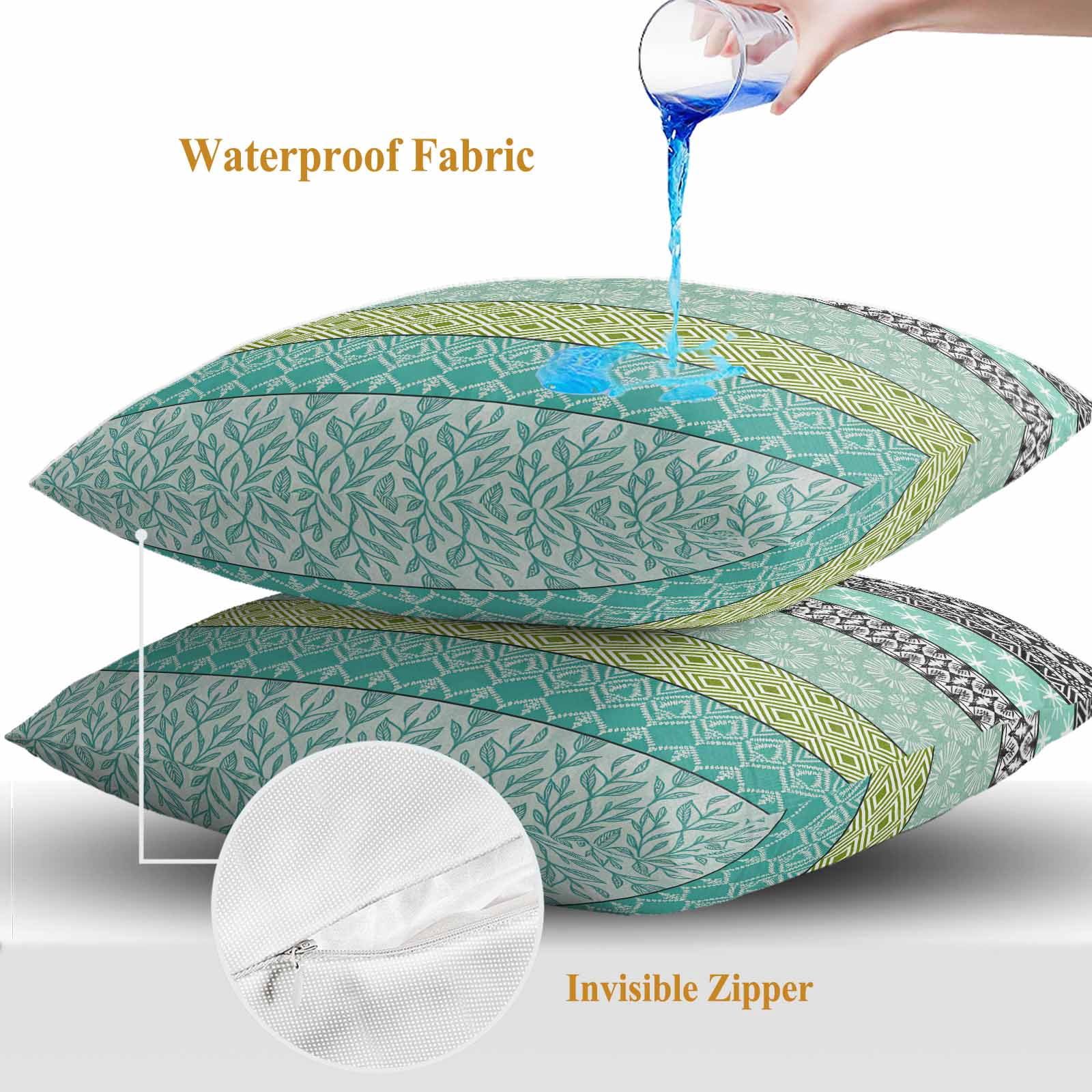 Outdoor Waterproof Throw Pillow Covers Set of 2 Teal Bohemian Decorative Pillowcases Square Pillows Cushion Case 16x16 Inch Boho Style Floral Leaves Geometric Patio Pillows for Couch Sofa Bed