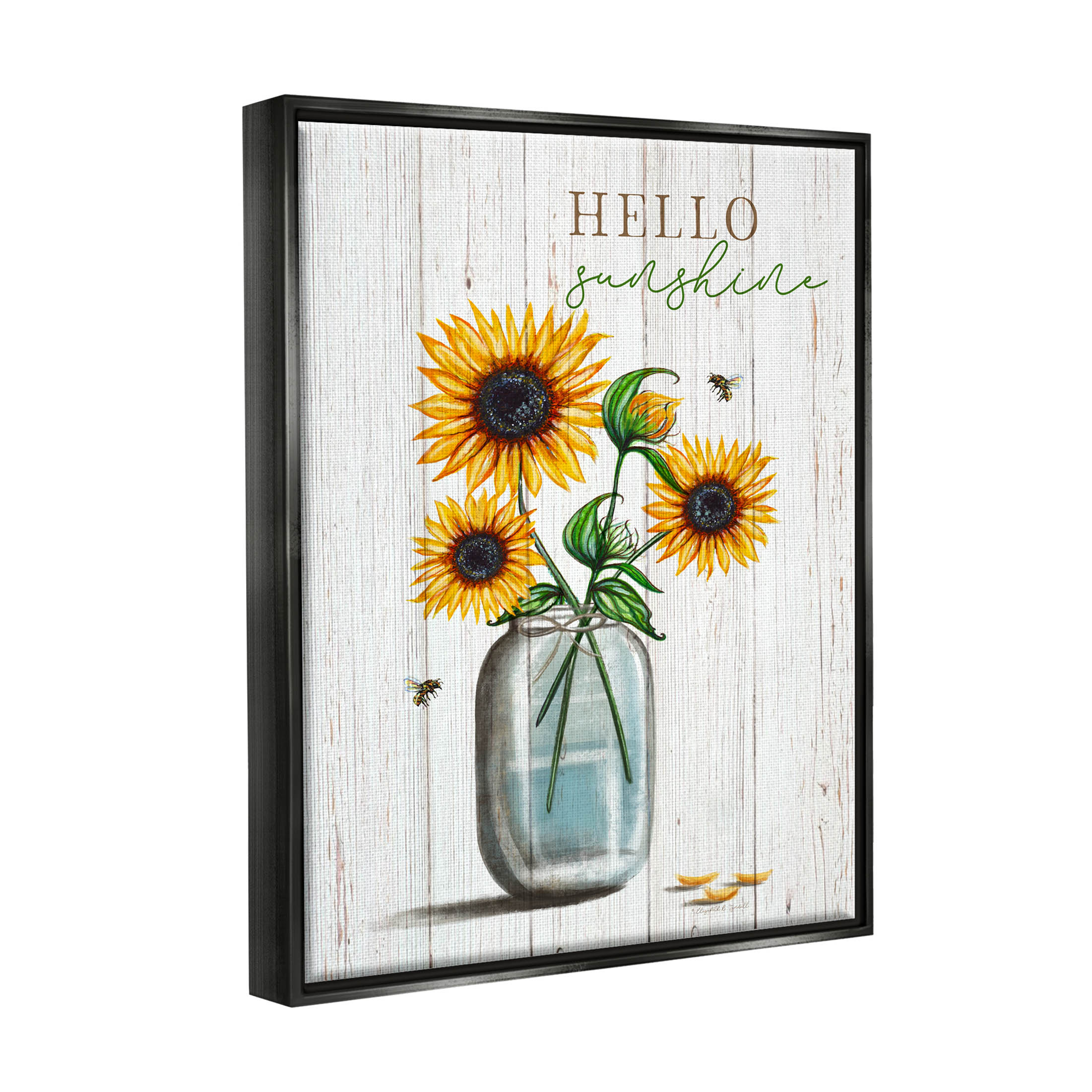 Stupell Industries Hello Sunshine Rustic Sunflower Jar Graphic Art Jet Black Floating Framed Canvas Print Wall Art, Design by Elizabeth Tyndall