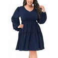 thumbnail image 2 of Womens Plus Size Dresses V Neck Long Lantern Sleeve Smocked Pleated Casual Shift Dress, Navy Blue, XX-Large, 2 of 5