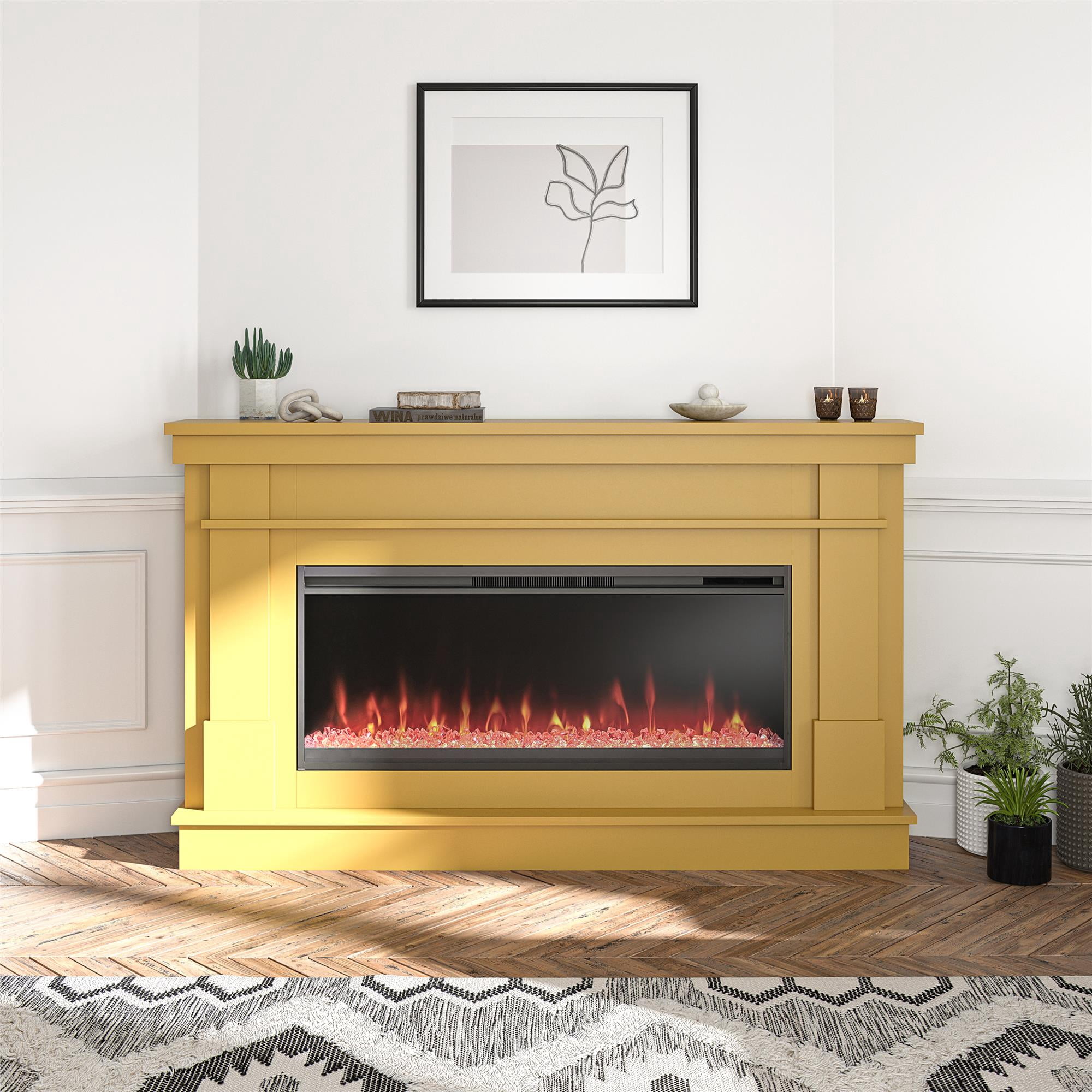 Waverly Wide Mantel with Linear Electric Fireplace & Crystal Ember Bed, Mustard Yellow