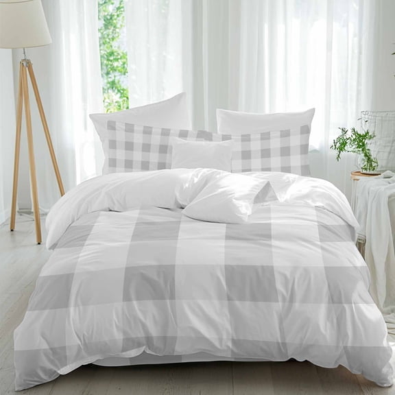 Queen 4 Piece Bedding Set Light Grey White Plaid Soft Breathable Duvet Cover and Pillowcase,Farmhouse Decoration Buffalo Check Duvet Cover Set Washable Bed Sheets for Bedroom Dormitory Guest Room