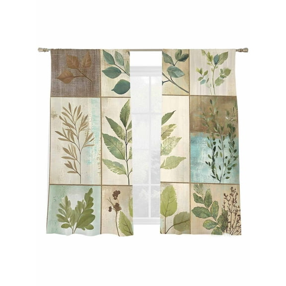 Vintage Leaves Sheer Curtains 72 Inch Long 2 Panels, Stitching Leaf Light Filtering Rod Pocket Semi Sheer Curtains, Sheer Voile Drapes for Living Room Bedroom, 52"x72"