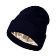 thumbnail image 3 of Gorro de punto con forro de satén para mujer, protección para el cabello, tamaño versátil y elástico. Azul marino, 3 of 9