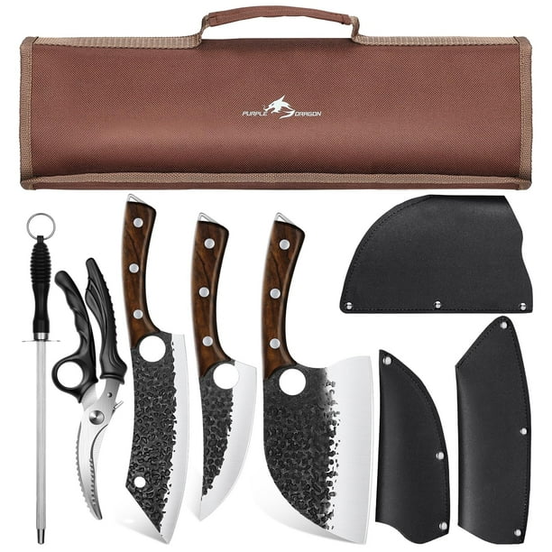 Juego de cuchillos Purple Dragon Butcher, 9 piezas, para chef, con bolsa enrollable