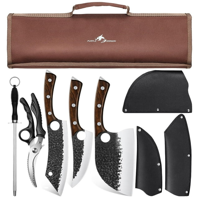 Juego de cuchillos Purple Dragon Butcher, 9 piezas, para chef, con bolsa enrollable