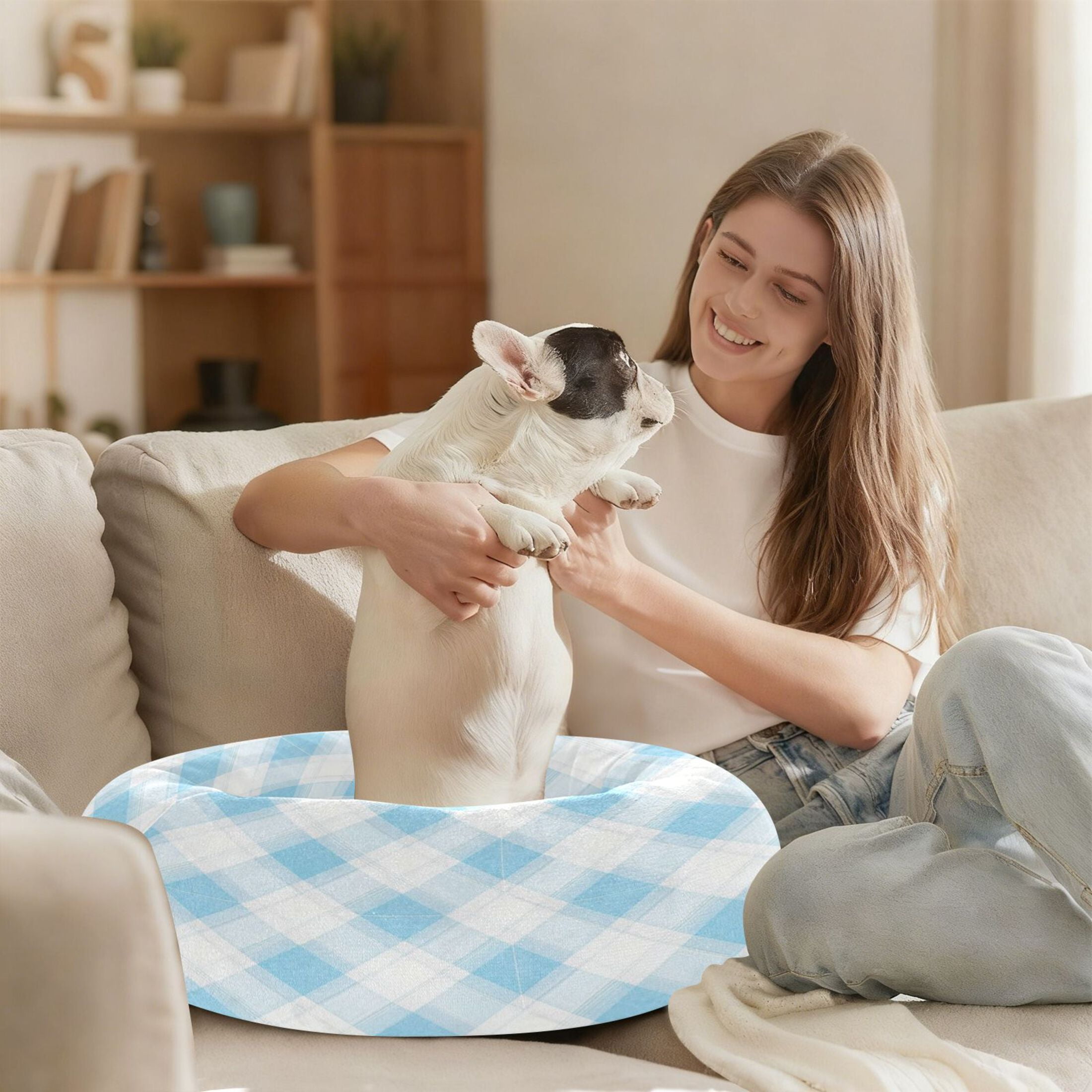 Iauyy Pet Couch Donut Cat Bed for Indoor Cats/Small Dogs Washable & Machine with Non-slip Bottom Calming Cat Furniture, Light and Airy Watercolor Style (S)