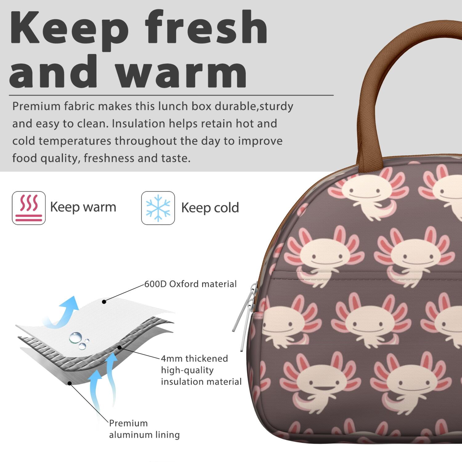 Adorable Axolotl Lunch Box - Funny Smiling Amphibian Pattern, Leakproof Insulated Cooler for Kawaii Collectors & Fantasy Enthusiasts (Whimsical Creature Art)