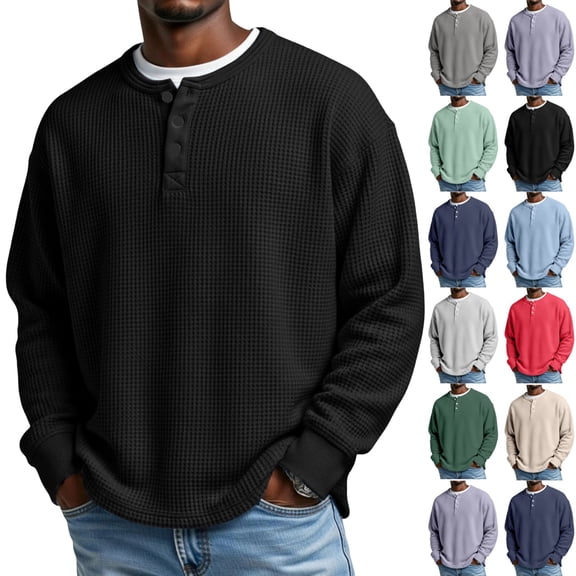 UDAUDU Men's Waffle Shirts Long Sleeve T-Shirts Button Collared Casual Henley Shirts Pullover Outdoor Waffle Sweatshirts Black XL