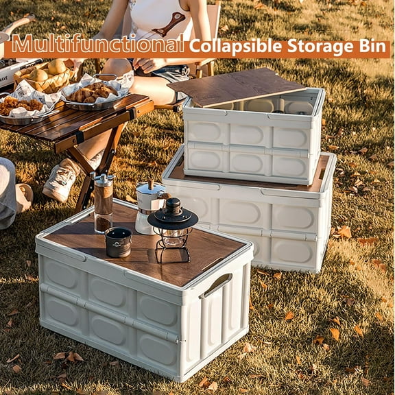 Collapsible Storage Bin with Handles and Wooden Lid, Large Capacity Stackable Utility Crates Holds 33lbs for Outdoor Home Storage Organizing Moving (30L/7.9Gal)