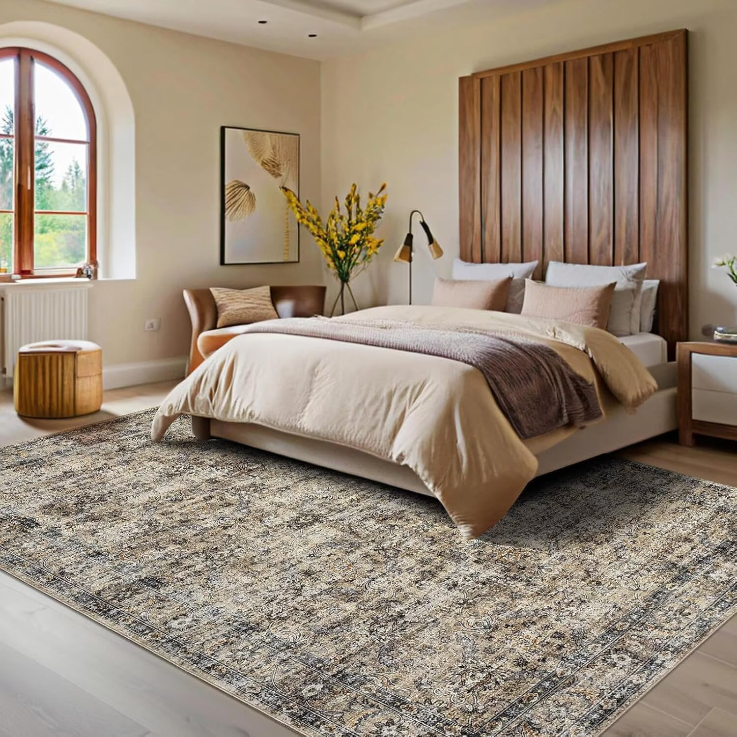 Hasoo 9' x 12' Area Rug for Living Room Boho Vintage Rug Non Slip Throw Rugs Floral Bedroom Rug, Brown
